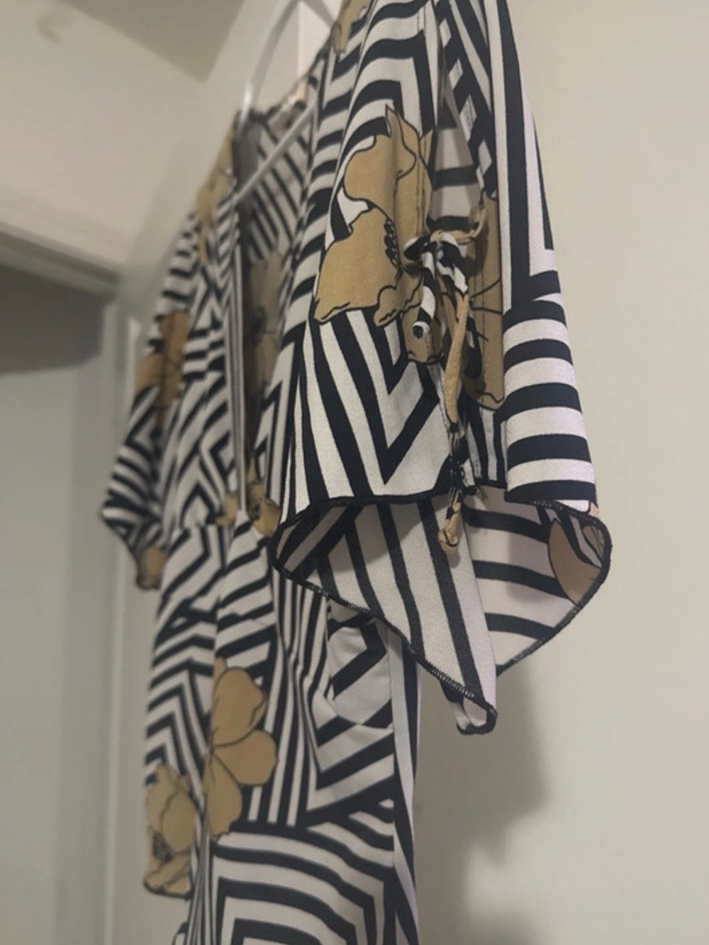 MKM Designs Black & White Striped Blouse with Gold Floral Print